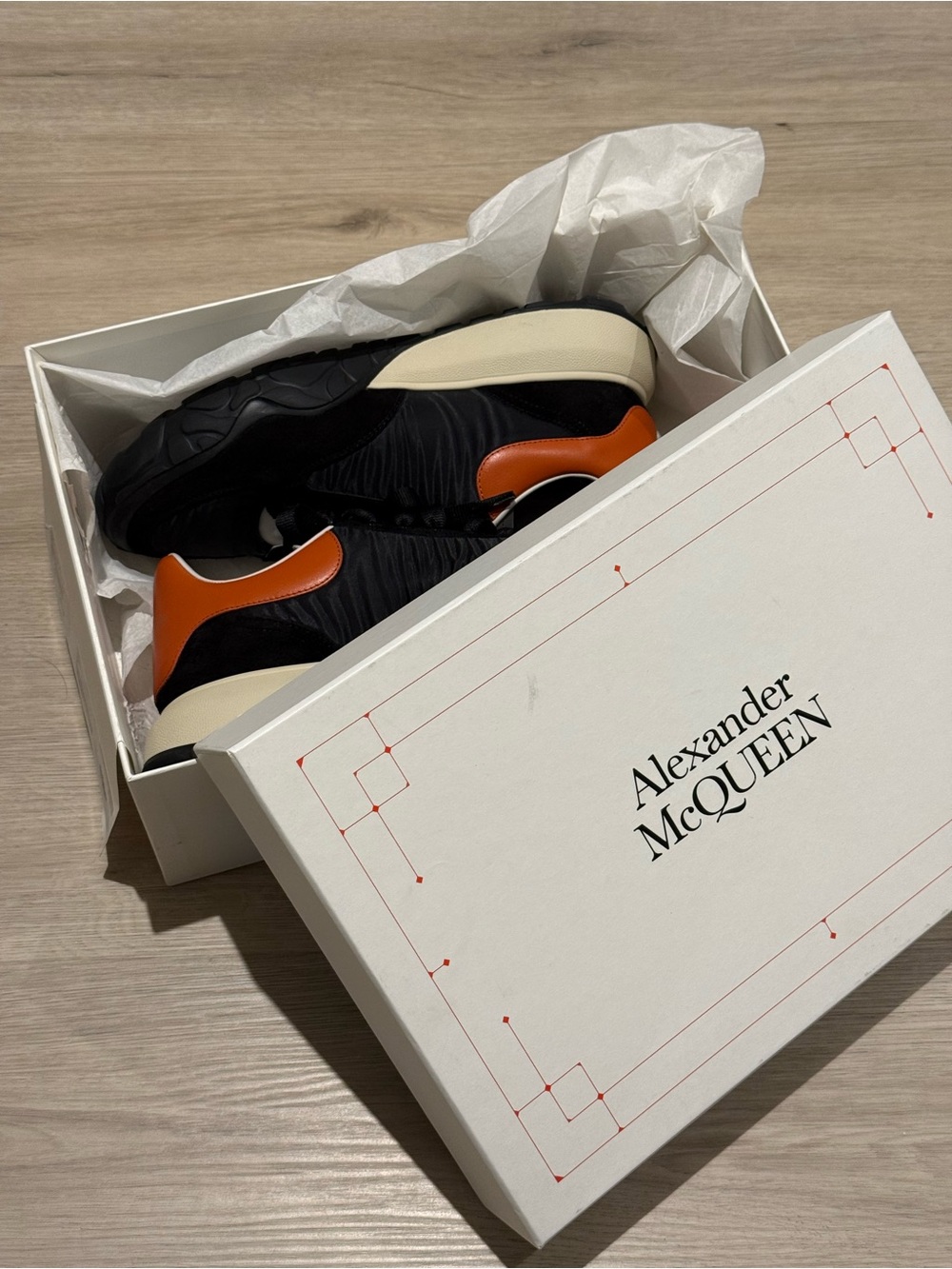 Alexander McQueen Black with Orange Heel Leather Sneakers